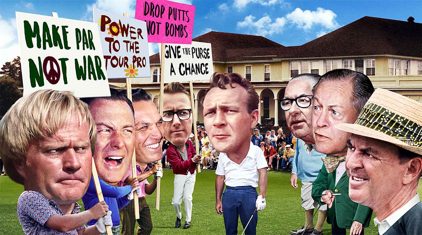 Talk about trapped! Arnold Palmer found himself wedged between (from left) steaming Tour pros Jack Nicklaus, Billy Casper, Bob Goalby and Kermit Zarley, and cranky PGA holdouts Walter Hagen, Bobby Jones and Sam Snead.