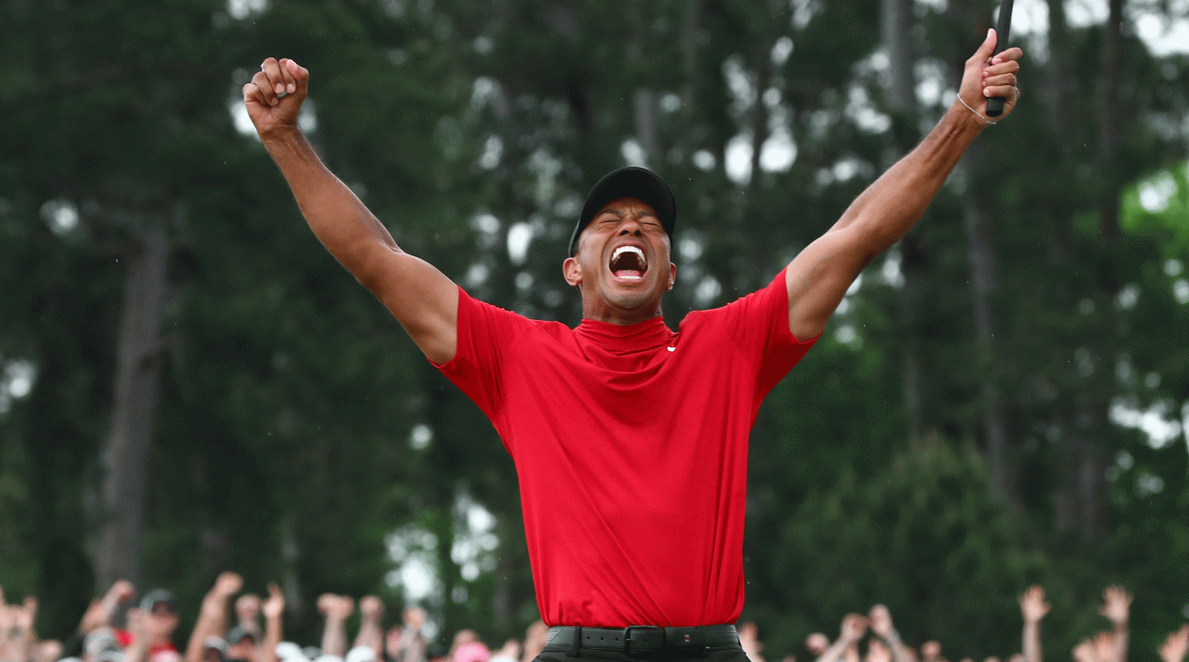 Tiger Woods rejoices after winning the 2019 Masters.