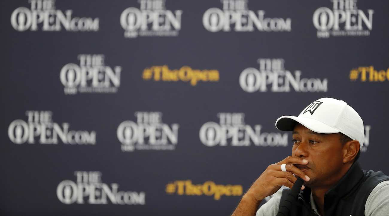 Tiger Woods speaks to the media during his press conference at the Open Championship.