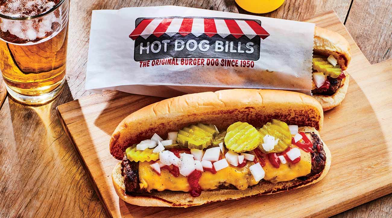 An ice-cold lager is the perfect pairing with Hot Dog Bills' iconic mashup.