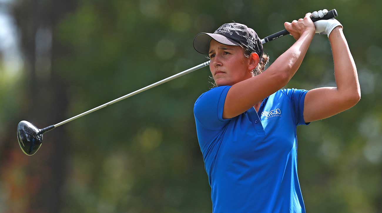 Dewi Weber tees off during a round at LPGA Q-Series.