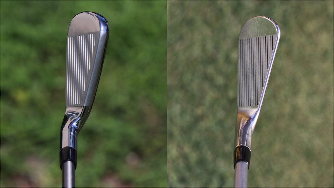 The game-improvement irons on the left will be much more forgiving and enjoyable for beginners than the blade irons on the right.