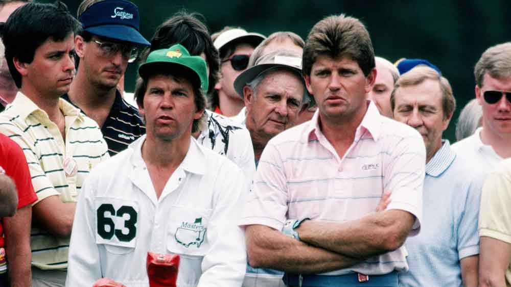 Caddie Dave McNeilly and Nick Price during the third round of the 1986 Masters.