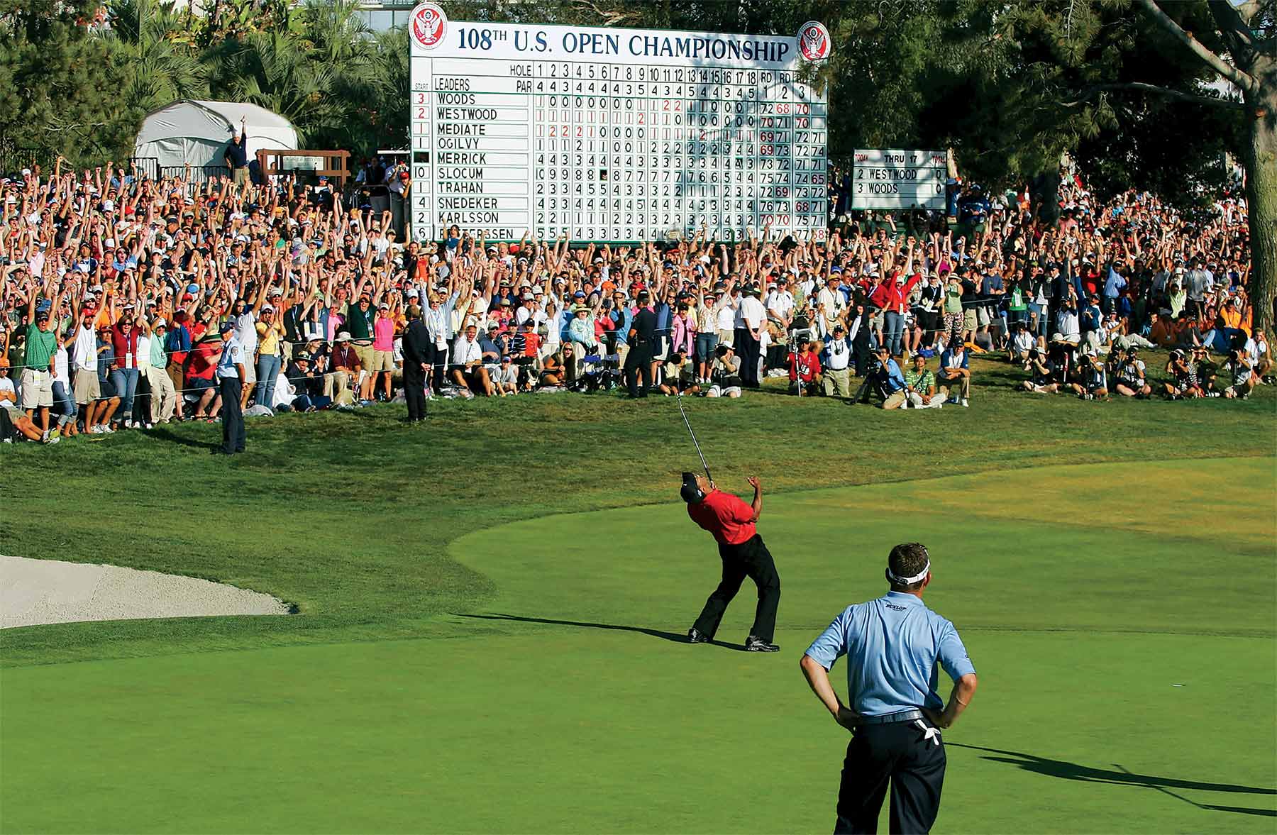 Tiger Woods celebrates a birdie at the 2008 U.S. Open.
