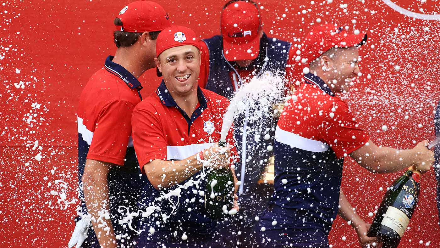justin thomas celebrates ryder cup win