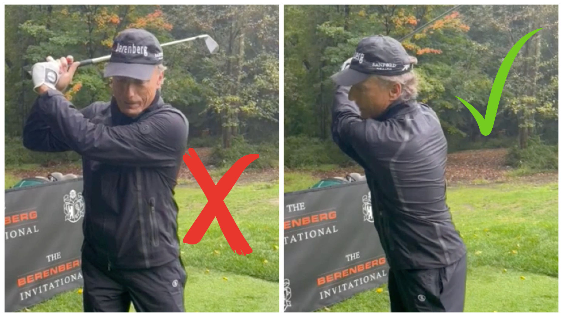 Two frames of Bernhard Langer swinging a golf club
