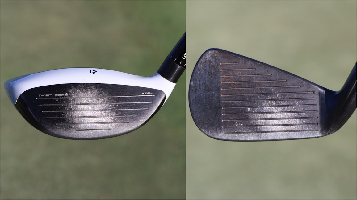Wear marks on the face of Matt Kuchar's golf clubs.