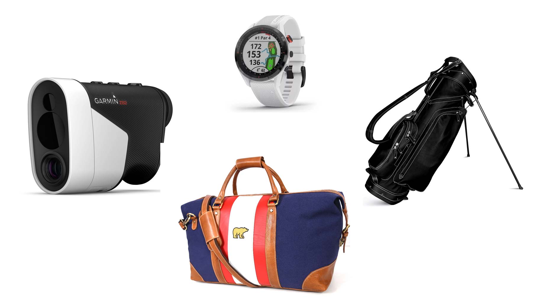 Sample of luxury golf gifts on a white background