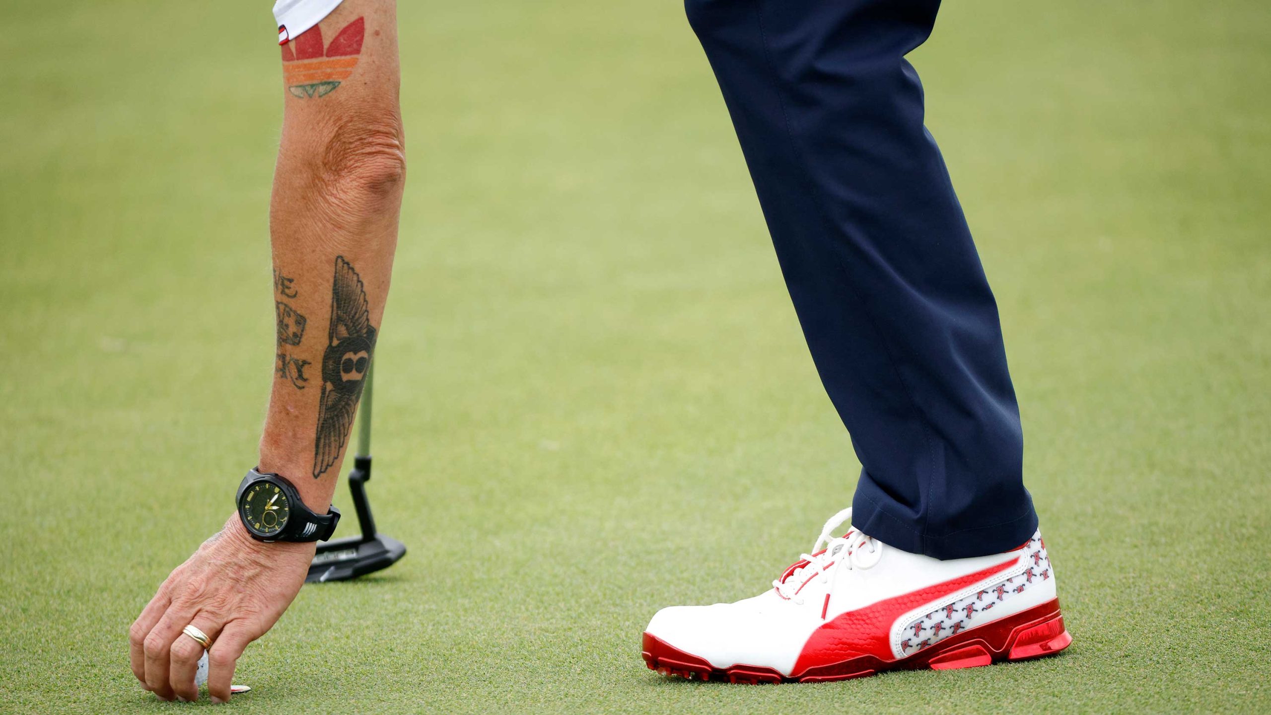 Brian Morris of Bermuda marks his ball on the 15th green during the second round of the Butterfield Bermuda Championship at Port Royal Golf Course on October 29, 2021 in Southampton, Bermuda