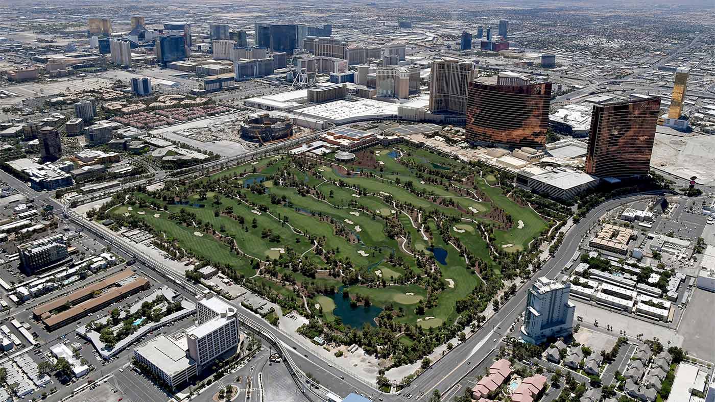 An aerial view of Wynn Golf Club in Las Vegas, which will host Bryson DeChambeau and Brooks Koepka in The Match on Friday.