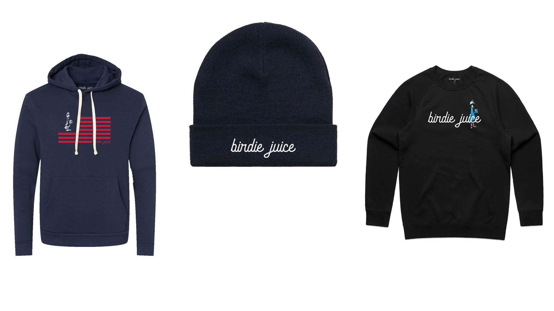 Two birdie Juice hoodies and one Birdie Juice beanie