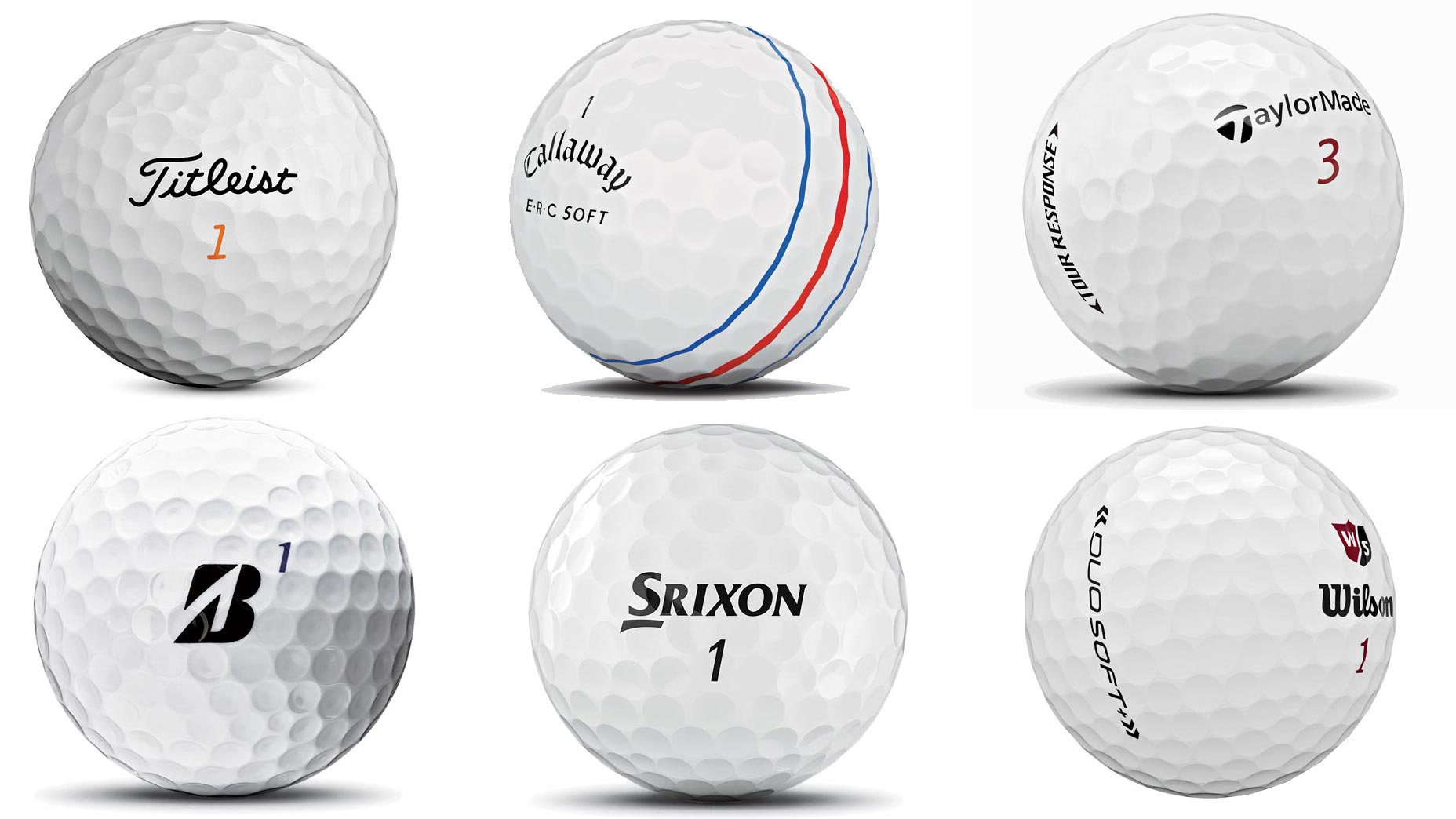 Six golf balls from major golf ball manufacturers.