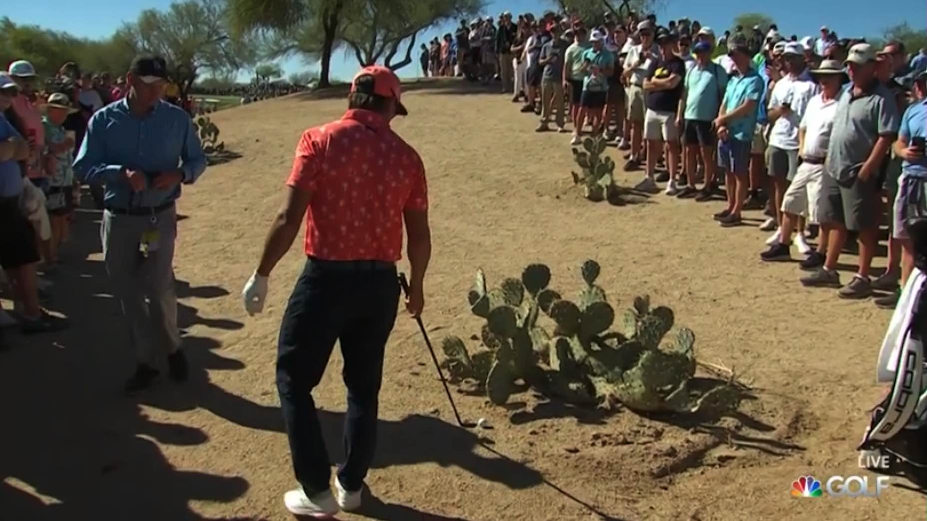 Rickie Fowler ran into a prickly situation on his fifth hole at the WM Phoenix Open.