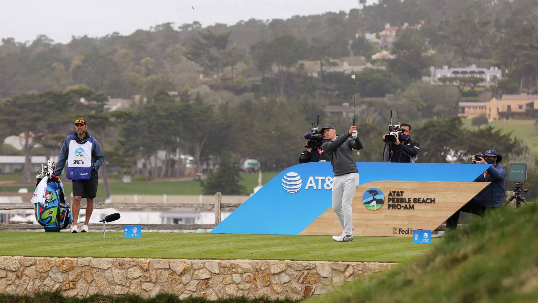 Jordan Spieth plays tee shot during 2021 AT&T Pebble Beach Pro-Am