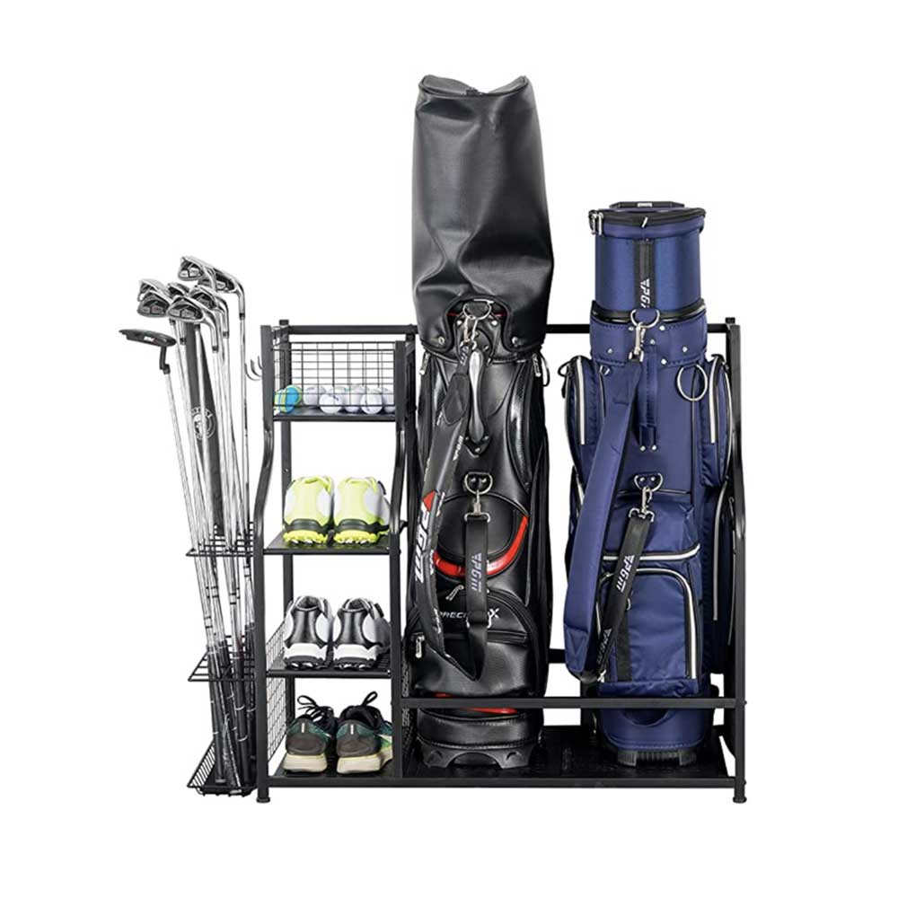 Golf clubs in a garage
