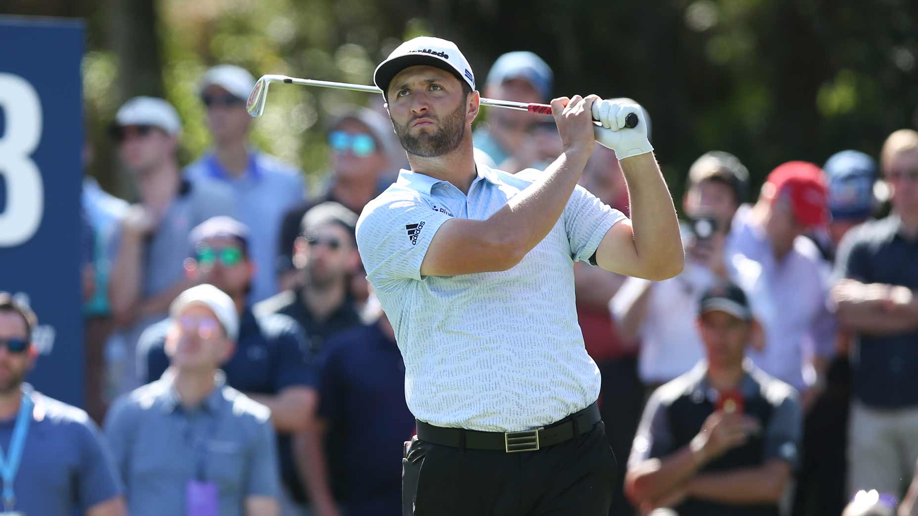 Jon Rahm hits tee shot during 2020 Players Championship