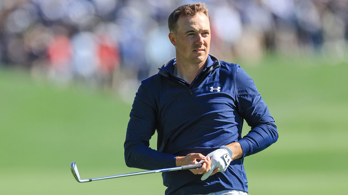 PONTE VEDRA BEACH, FLORIDA - MARCH 12: Jordan Spieth of The United States plays his tee shot on the par 4, 18th hole during the rain delayed completion of the second round of THE PLAYERS Championship at TPC Sawgrass on March 12, 2022 in Ponte Vedra Beach, Florida. (Photo by David Cannon/Getty Images)