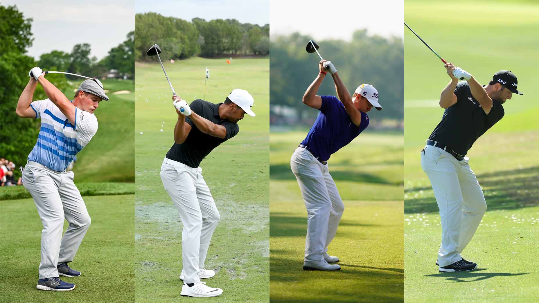 four golfers swing