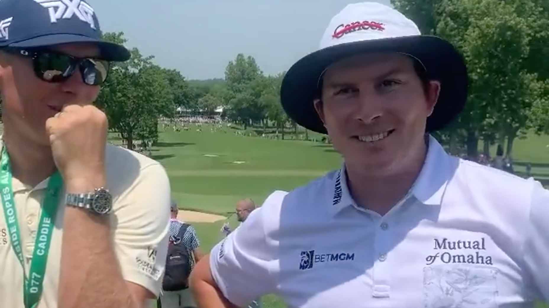 Joel Dahmen and his caddie Geno Bonnalie.