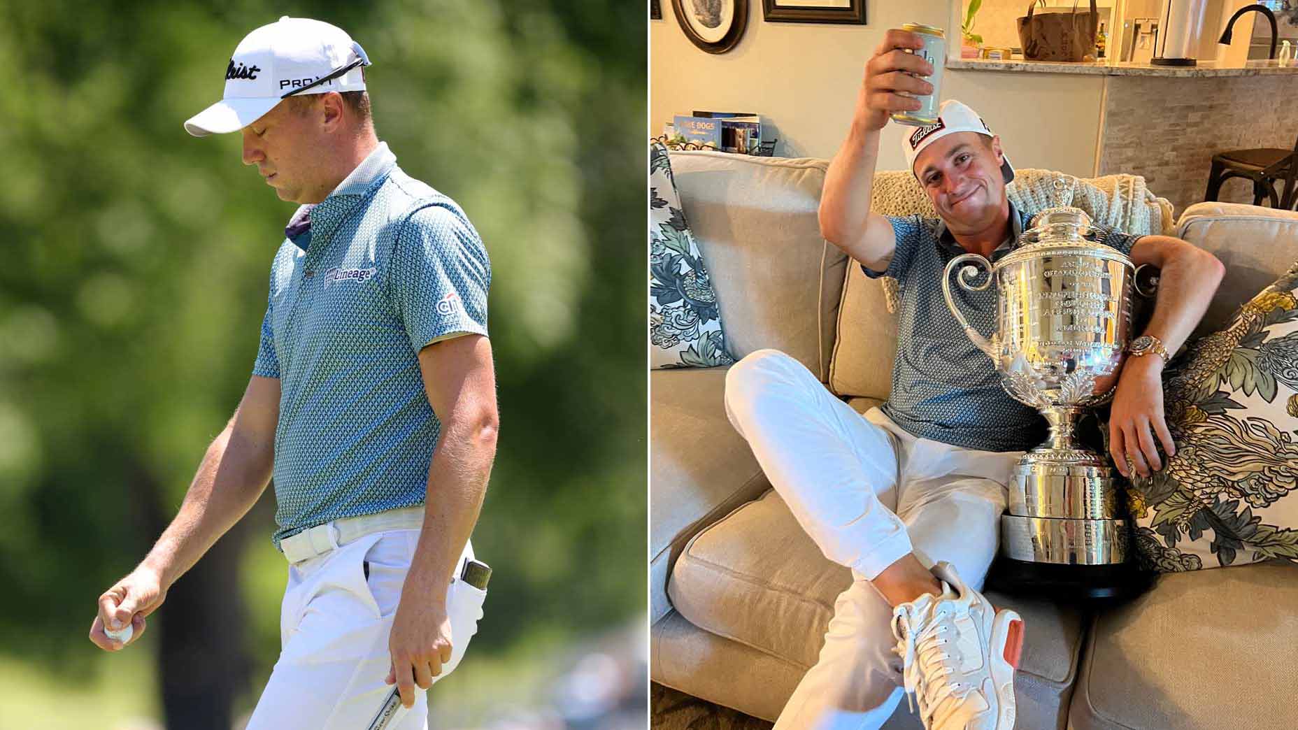 Justin Thomas drinks beer with Wanamaker trophy