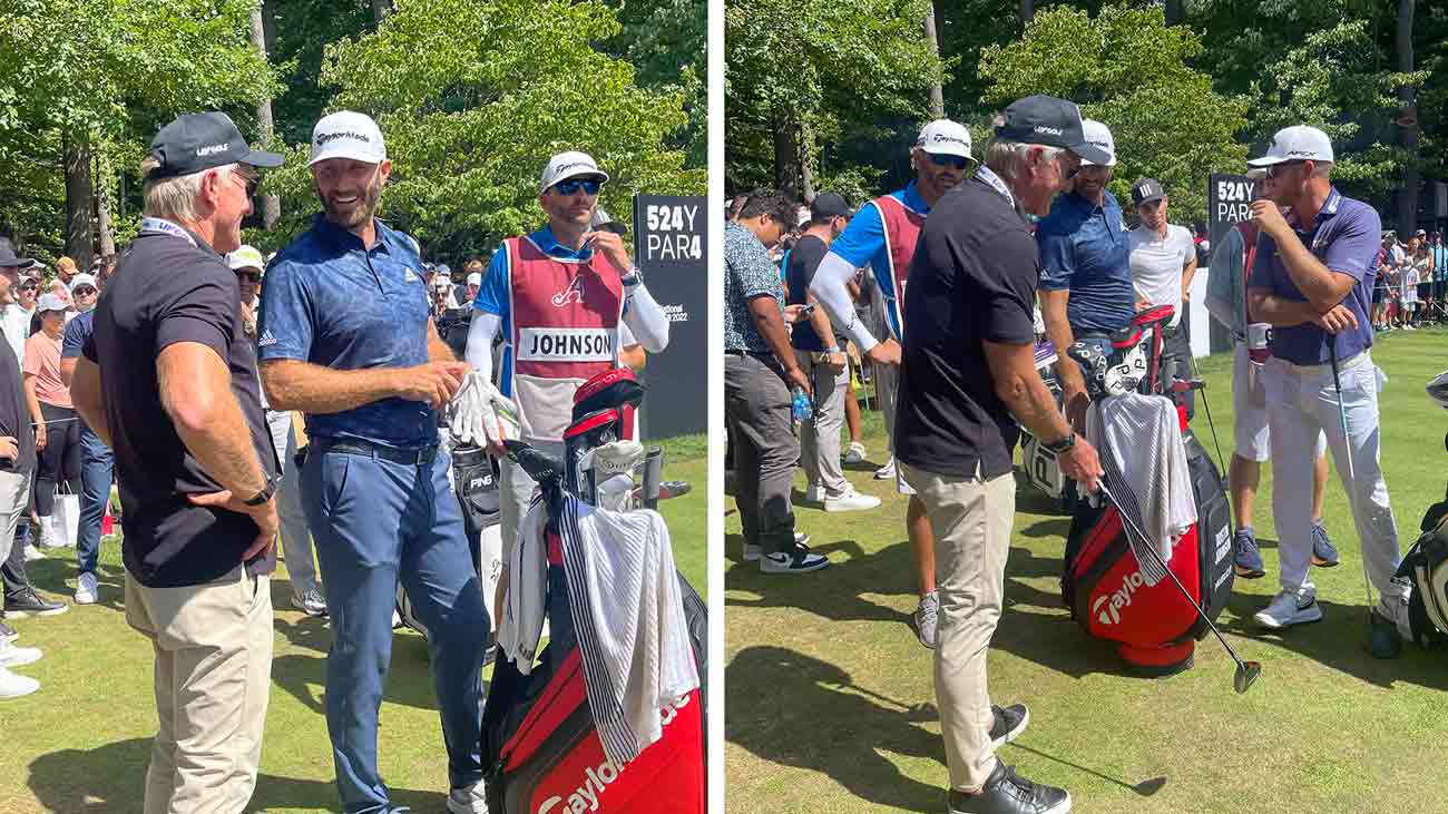 A chatty Dustin Johnson, Greg Norman checks out DJ's 9-wood