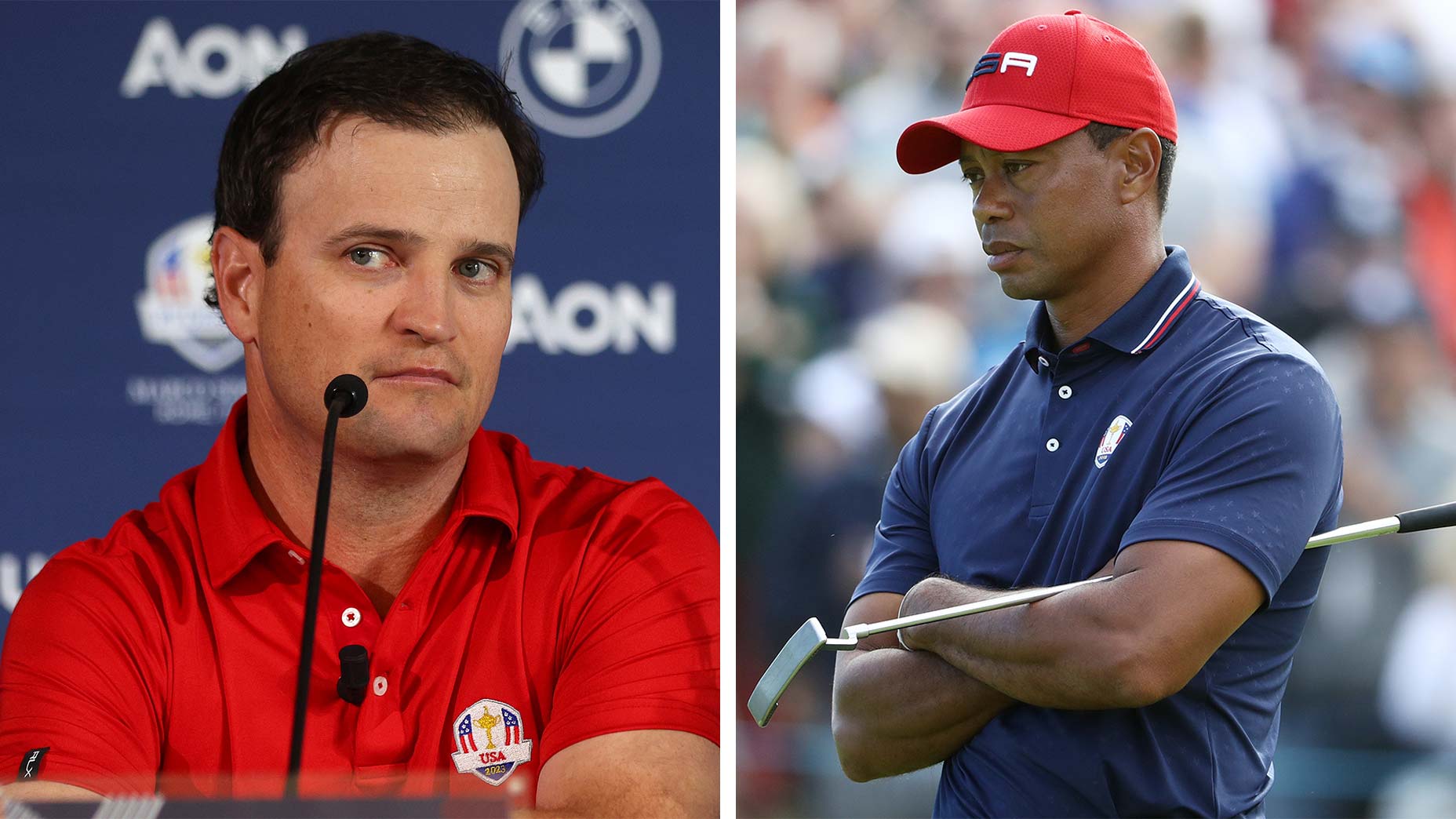 Zach Johnson of The United States talks to the media in a press conference during the Ryder Cup 2023 Year to Go Media Event at Marco Simone Golf Club on October 04, 2022 in Rome, Italy and Tiger Woods of the United States reacts during singles matches of the 2018 Ryder Cup at Le Golf National on September 30, 2018 in Paris, France.