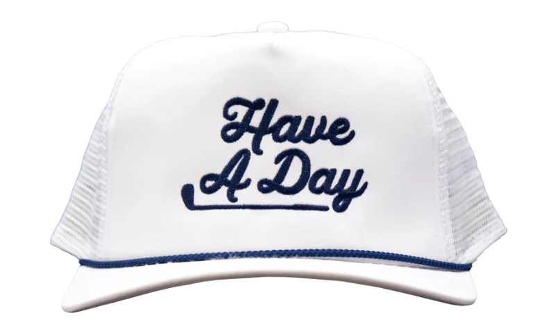 White hat, blue rope, navy lettering