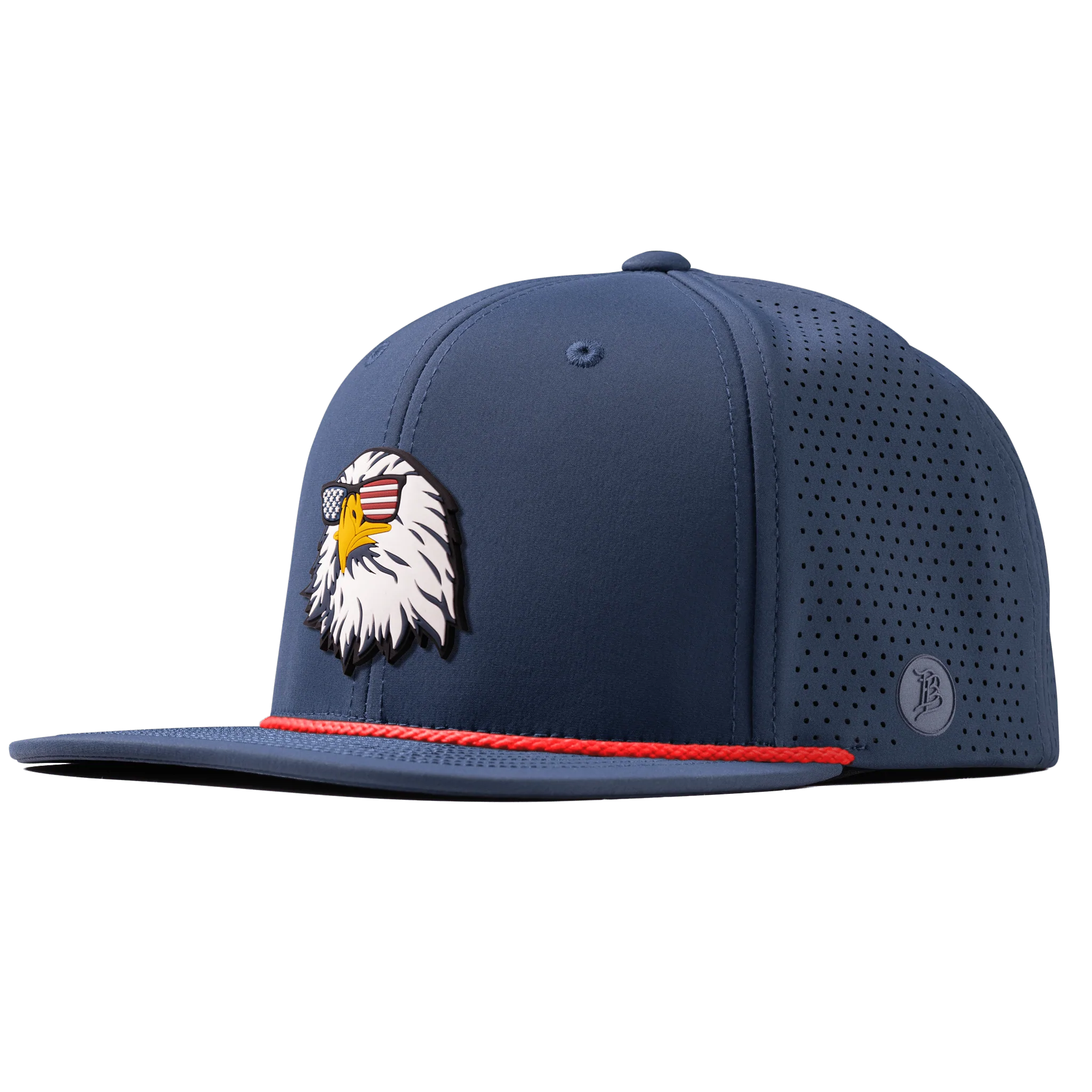 Navy blue flat bill with bald eagle wearing sunglasses -- rope hat, the rope is red