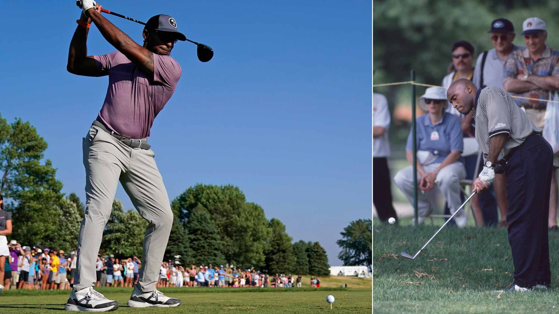 NFL great Ronde Barber takes his tee shot on the 10th hole during the Compass Challenge prior to the 3M Open at TPC Twin Cities on July 20, 2022 in Blaine, Minnesota.