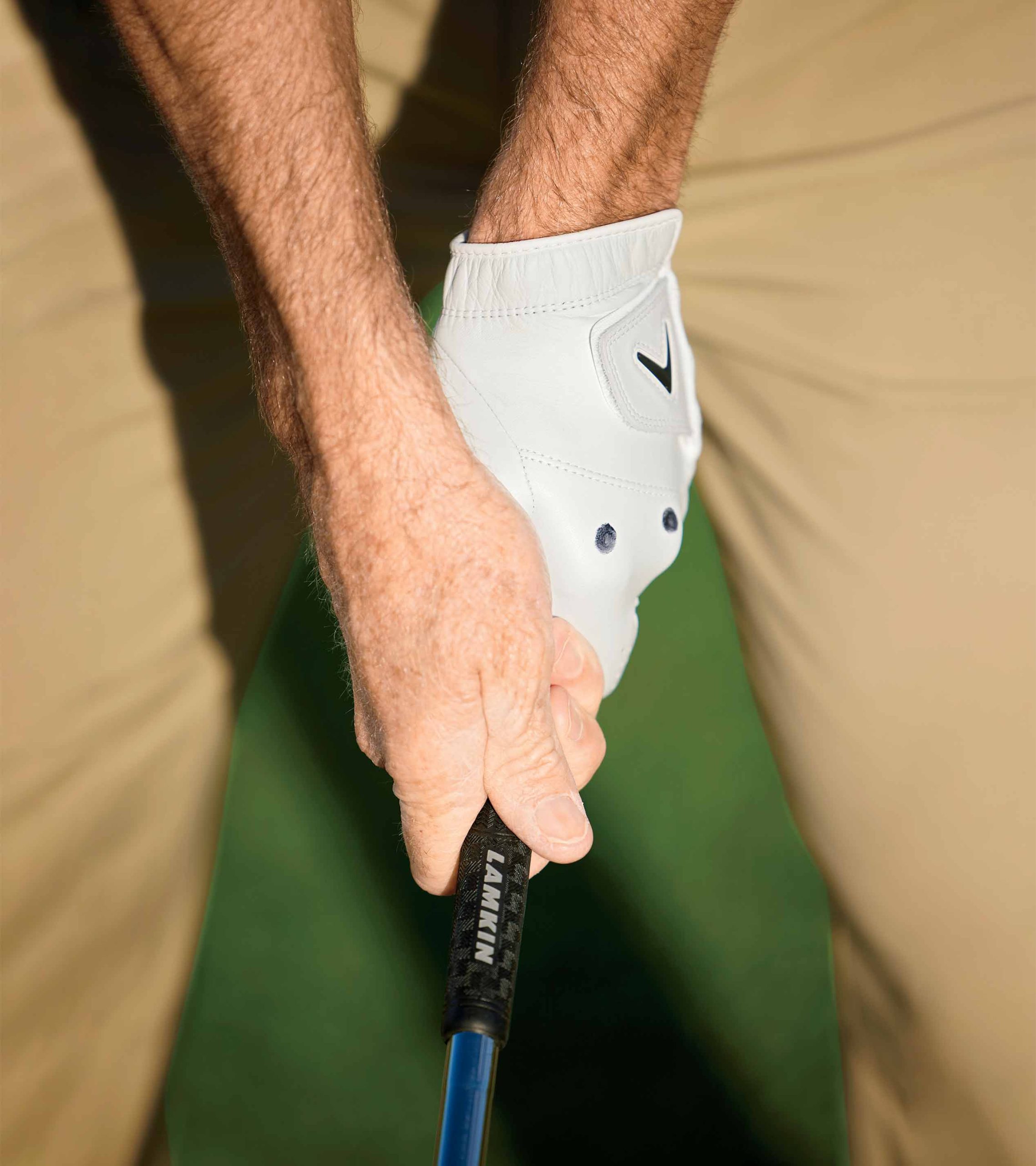 person grips golf club
