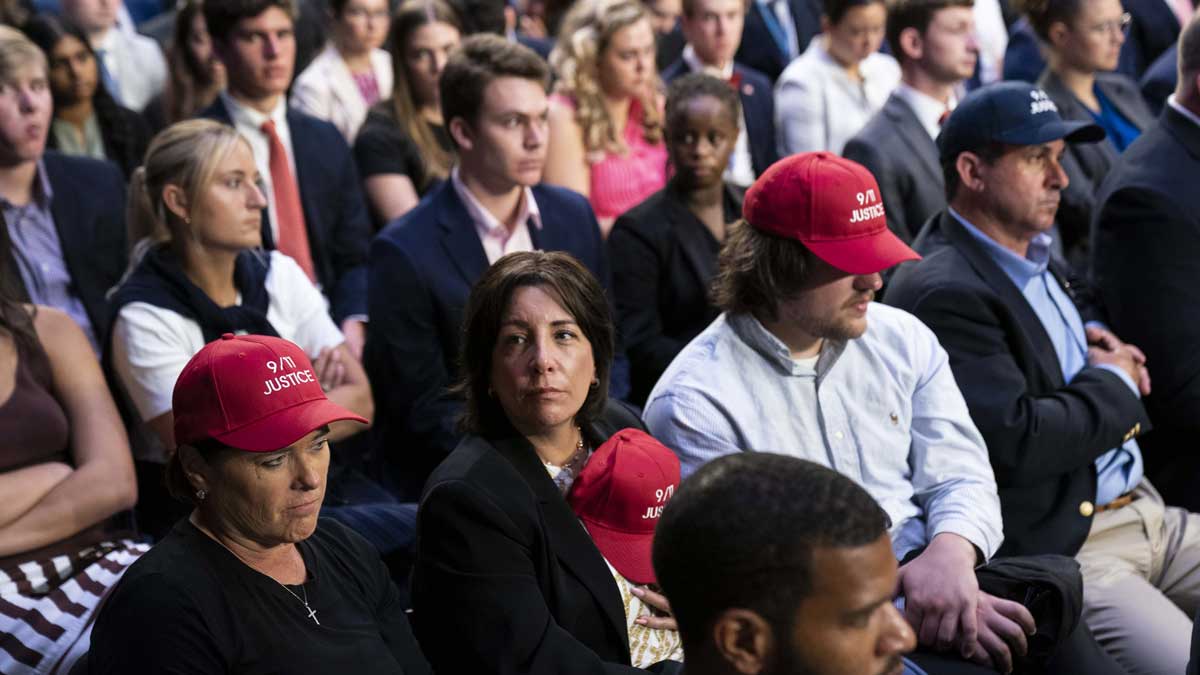Members of the group 9/11 Justice attend a Senate Homeland Security and Governmental Affairs Subcommittee hearing in Washington, DC, DC, US, on Tuesday, July 11, 2023. Top PGA Tour officials will tell US lawmakers that Saudi Arabia would have little sway over the golf business if a proposed merger with LIV Golf goes through