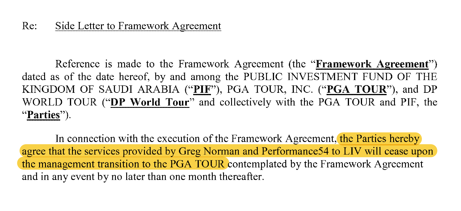 Greg norman side letter pga tour