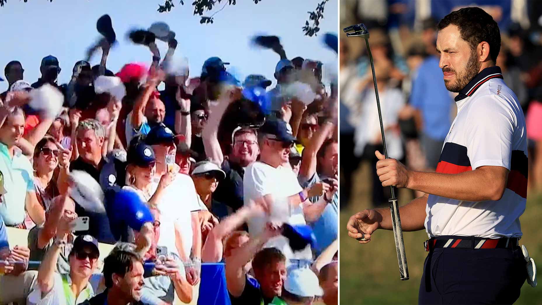 Patrick Cantlay of The United States Team follows his putt on the first hole in his match with Xander Schauffele against Jon Rahm and Tyrrell Hatton during the Saturday morning foursomes matches of the 2023 Ryder Cup at Marco Simone Golf Club on September 30, 2023 in Rome, Italy.
