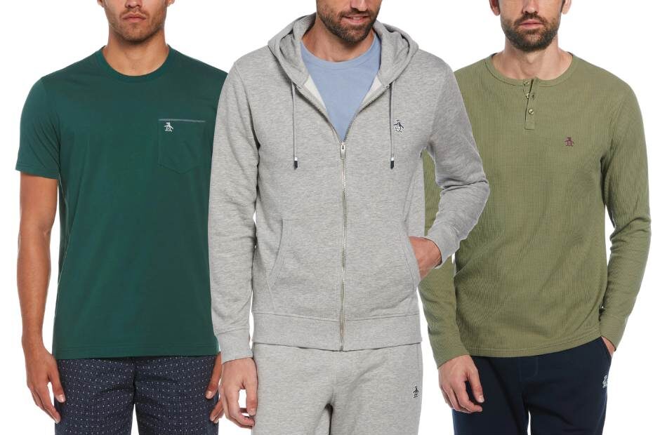 Original Penguin men's apparel basics. Short sleeve green t-shirt, grey sipper jacket, and light green long sleeve ribbed Henley 3-button shirt.