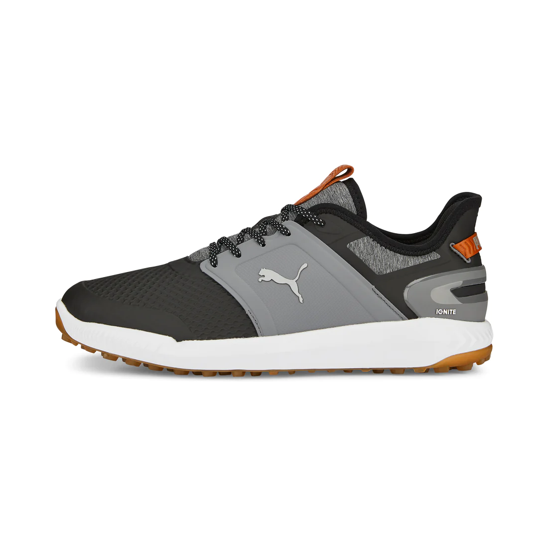 Puma Ignite Elevate Spikeless golf shoes in black and grey with dark tan accents.