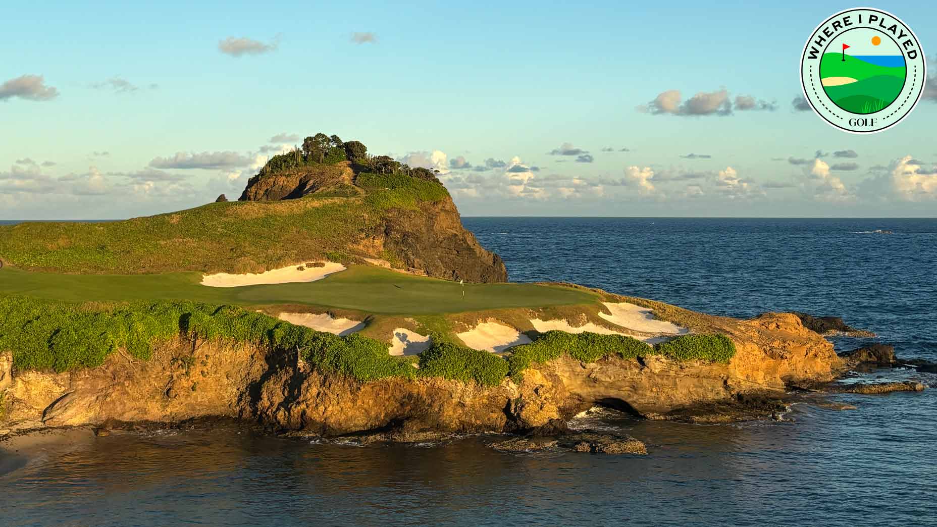 view of cabot st lucia's 16th hole over water