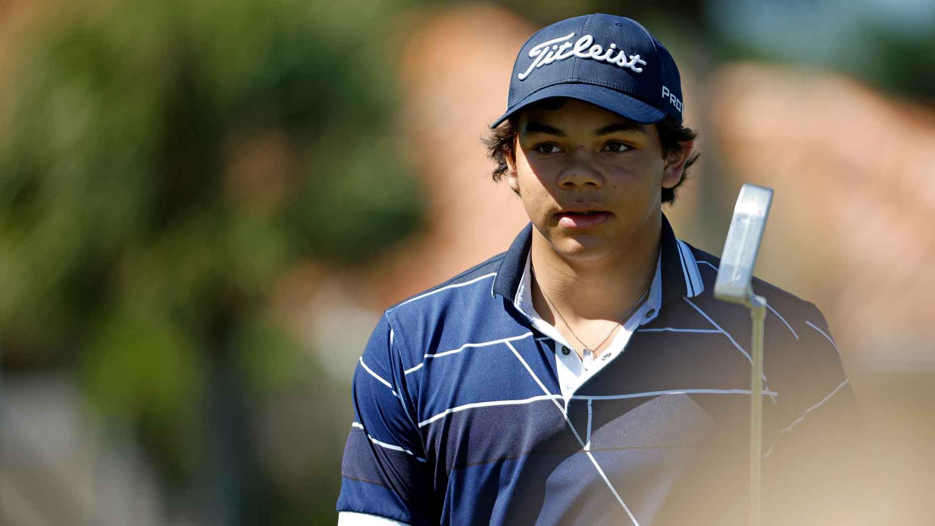 Charlie Woods looks on during pre-qualifying for The Cognizant Classic in The Palm Beaches at Lost Lake Golf Club on February 22, 2024 in Hobe Sound, Florida.