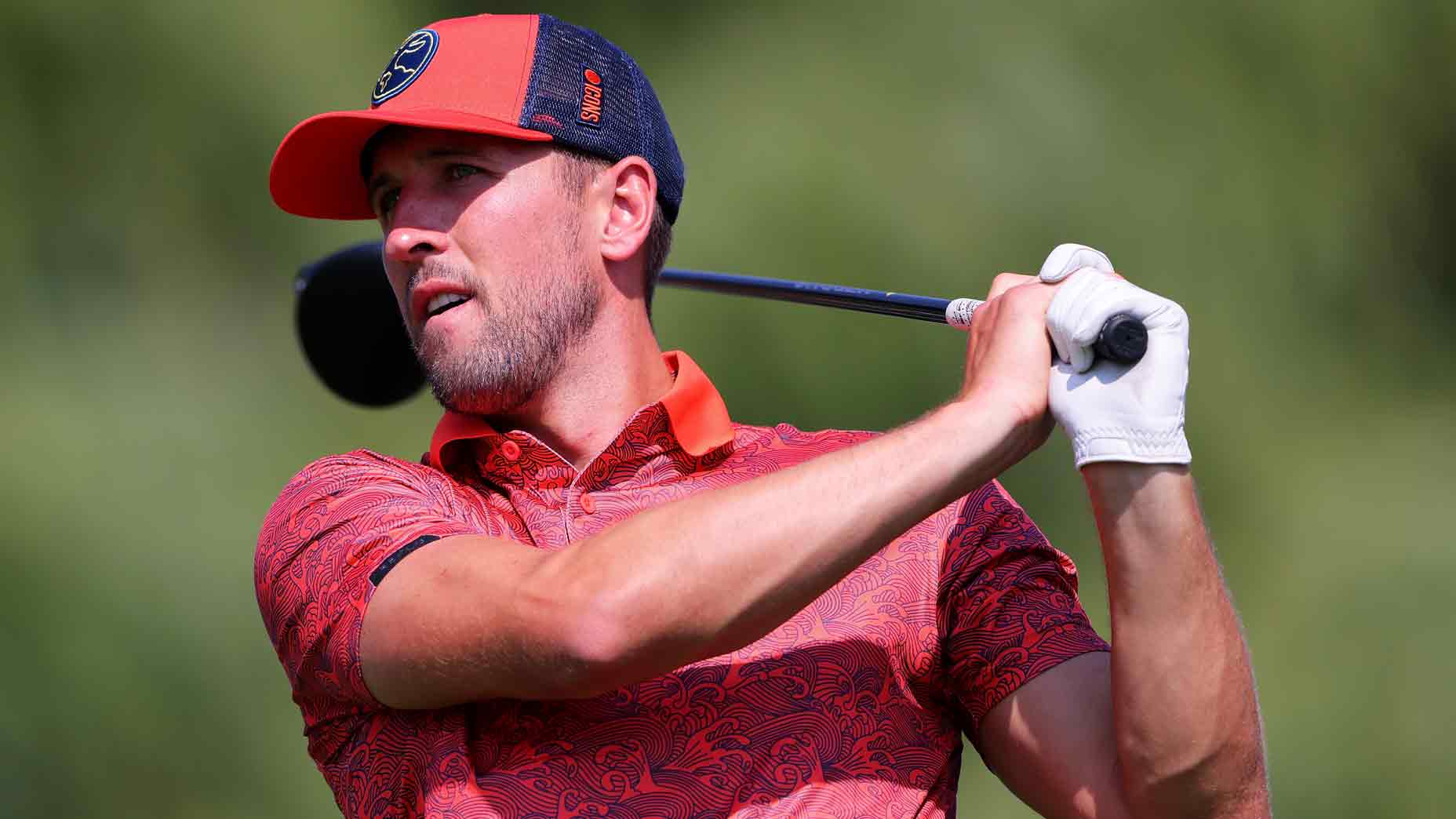 Harry Kane plays his tee shot on the 2nd hole on Day Two of the ICON Series at Liberty National Golf Club on July 01, 2022 in Jersey City, New Jersey.