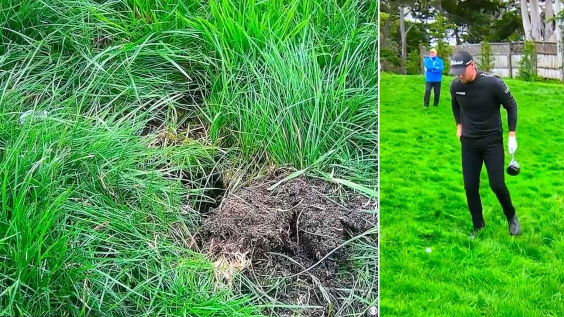 Wyndham Clark's golf ball, before and after taking a drop on 16.