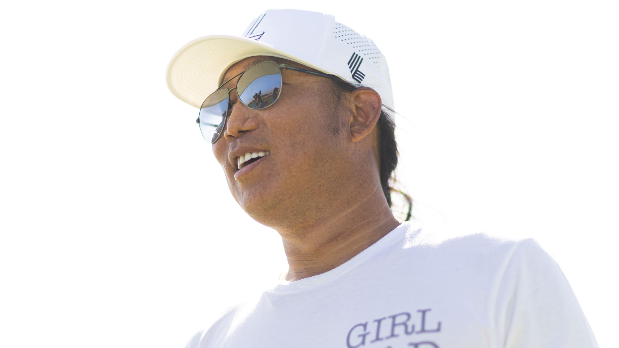 Wildcard player Anthony Kim smiles during the practice round before the start of LIV Golf Jeddah at the Royal Greens Golf & Country Club
