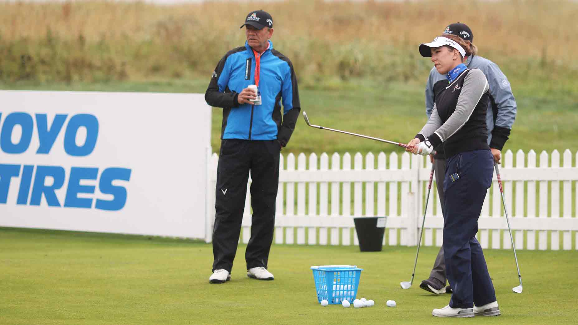 Georgia Hall of England on the practice short game area during Day Three of the AIG Women's Open at Carnoustie Golf Links on August 21, 2021 in Carnoustie, Scotland.