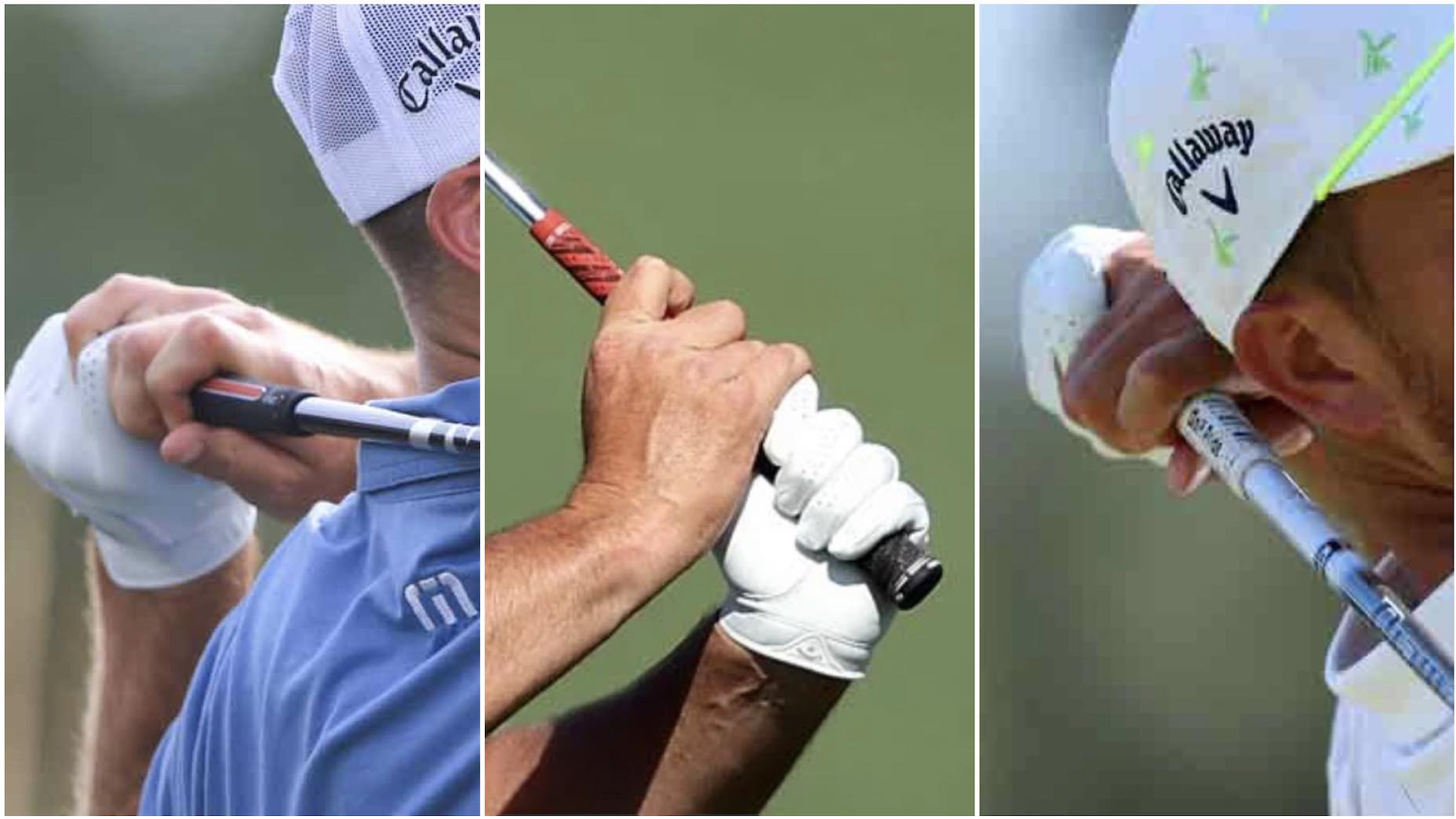 Split image of three pro golfers and their golf grips