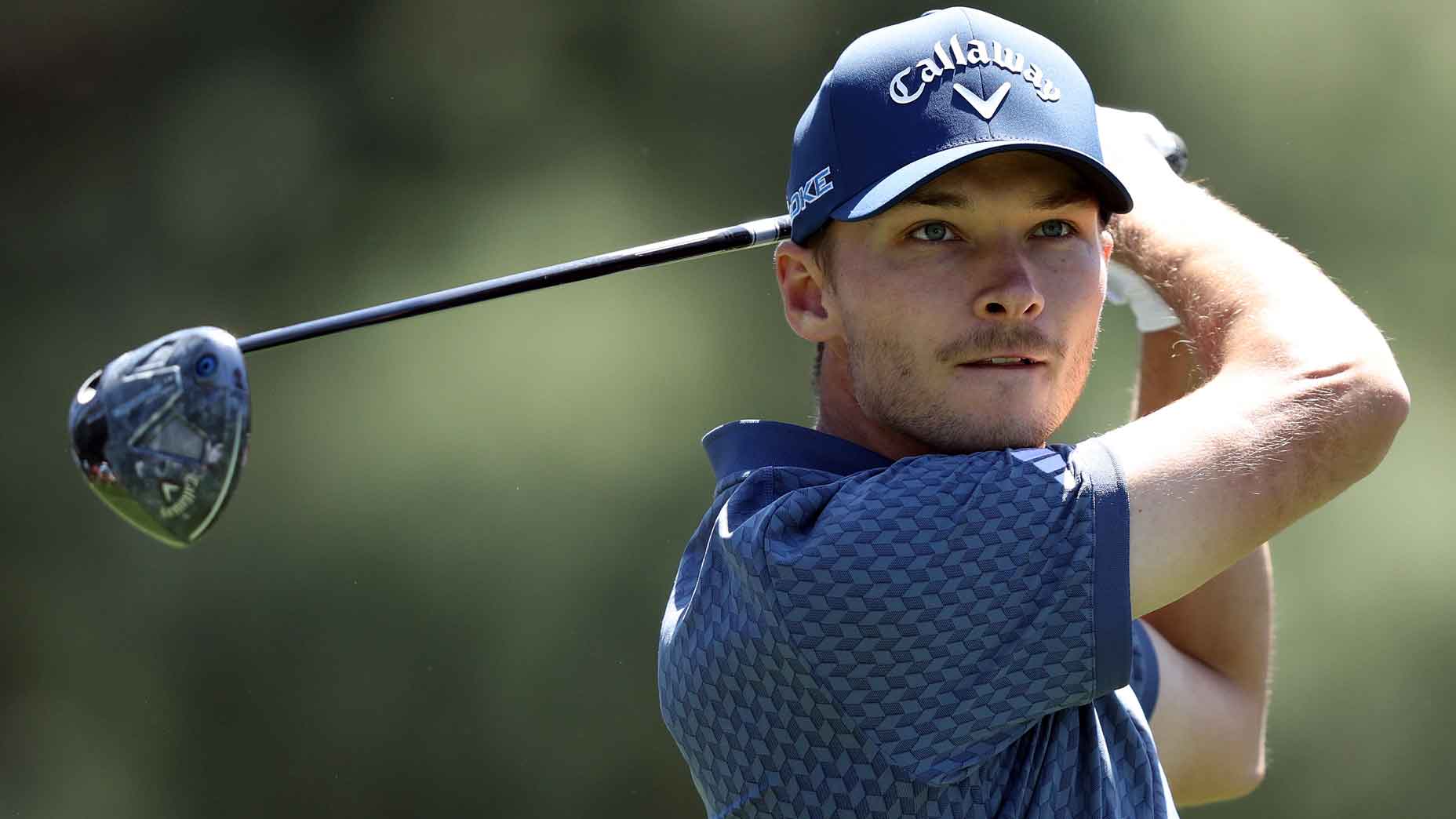 Nicolai H&oslash;jgaard plays his shot from the 18th tee during the second round of the 2024 Masters at Augusta National.