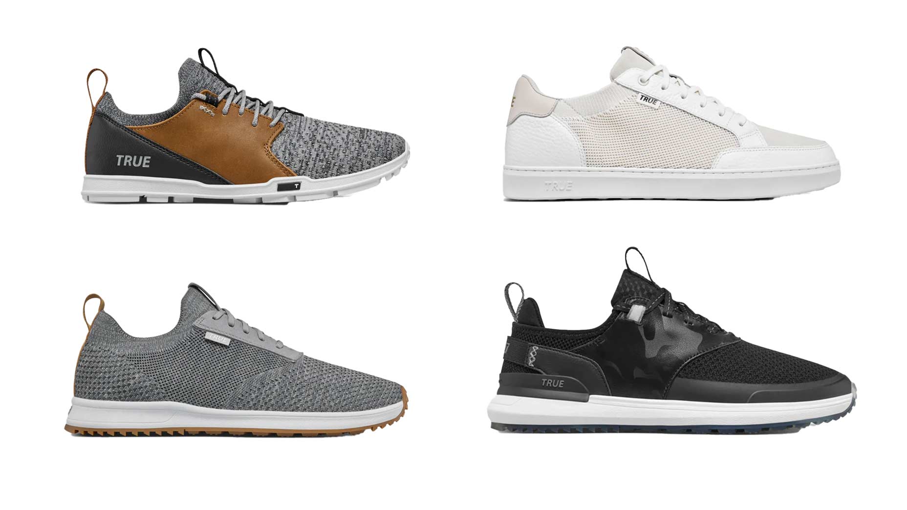 Four True linkswear golf shoes arranged on a white background