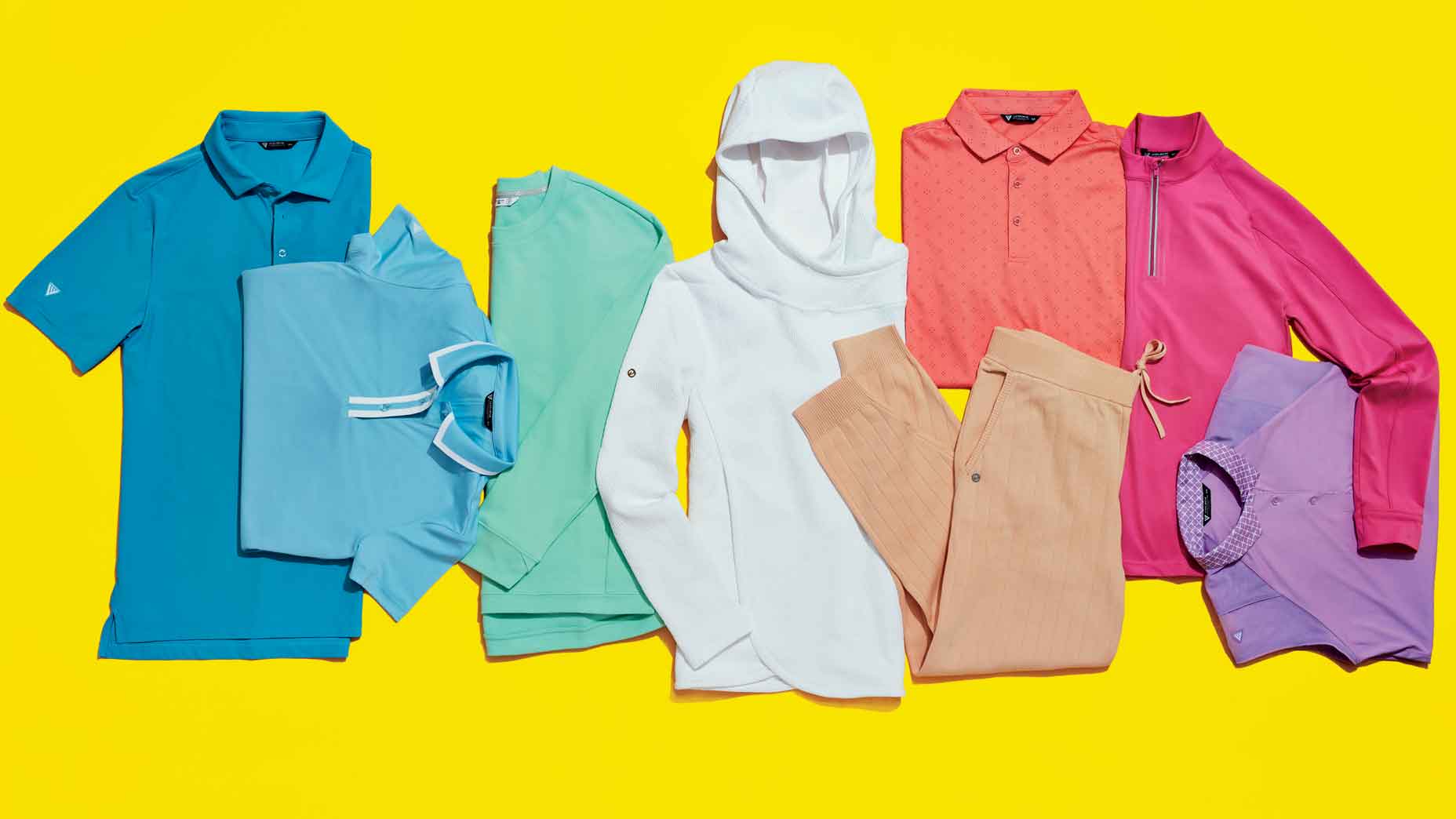 Assortment of Levelwear apparel on yello wbackground
