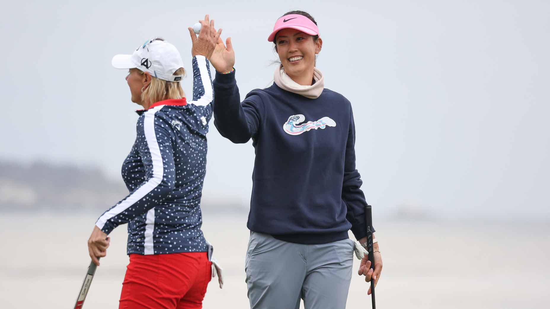 michelle wie west high fives annika sorenstam during the 2023 u.s. women's open