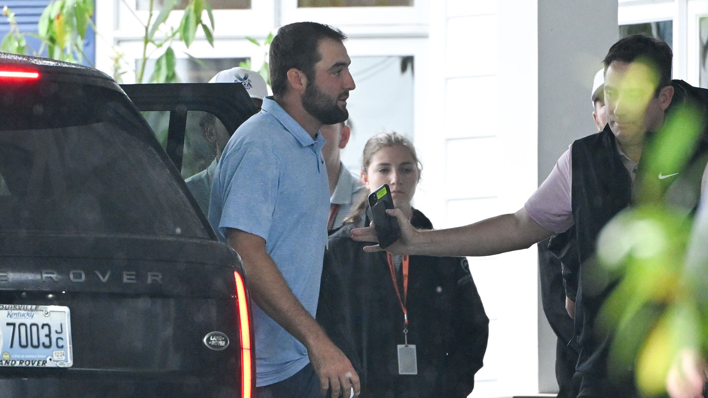 Scottie Scheffler arrives to the course during the second round of PGA Championship at Valhalla Golf Club on May 17, 2024 in Louisville, Kentucky.