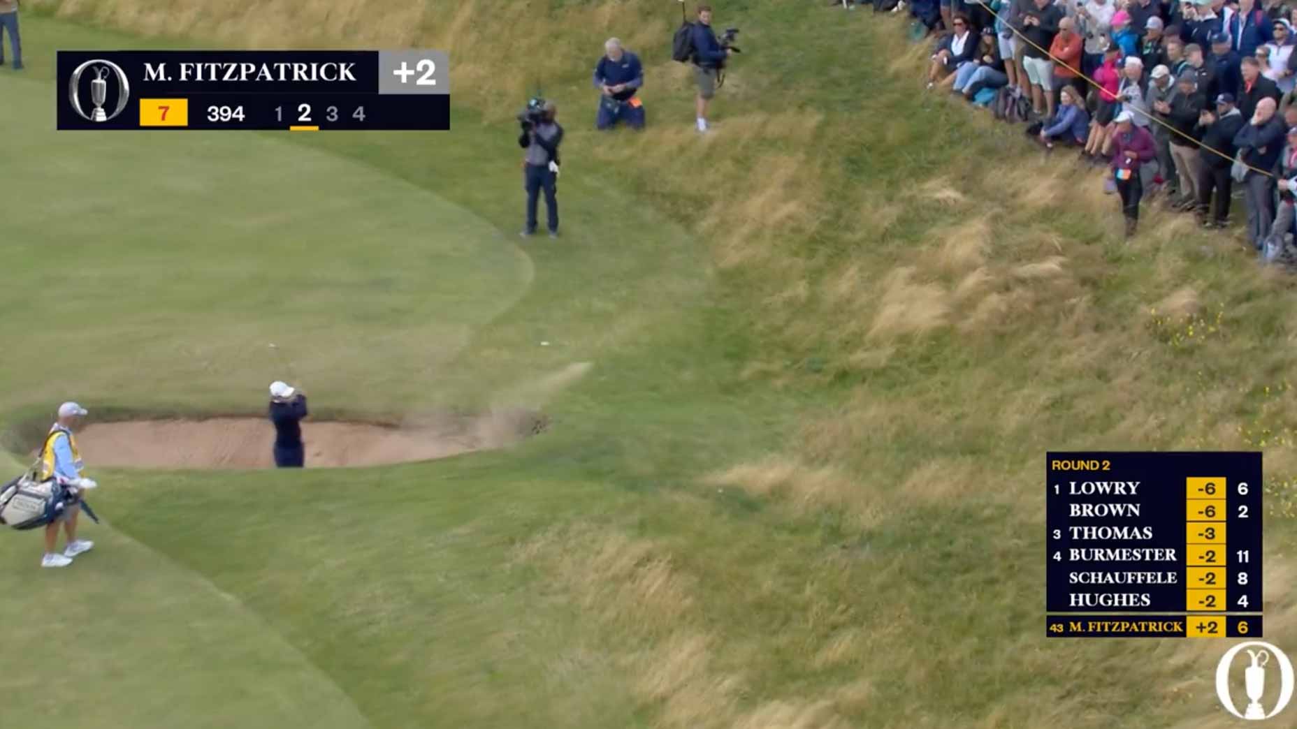 Matthew Fitzpatrick hits sideways out of a bunker