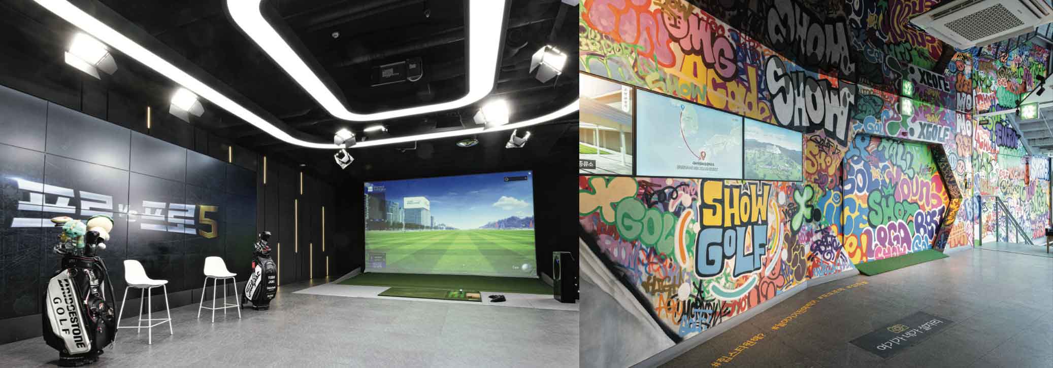 From left: A typical simulator bay at Golfzon in Seoul&rsquo;s Gangnam neighborhood; the trippy interior at ShowGolf, a magnet for South Korea&rsquo;s younger golfers