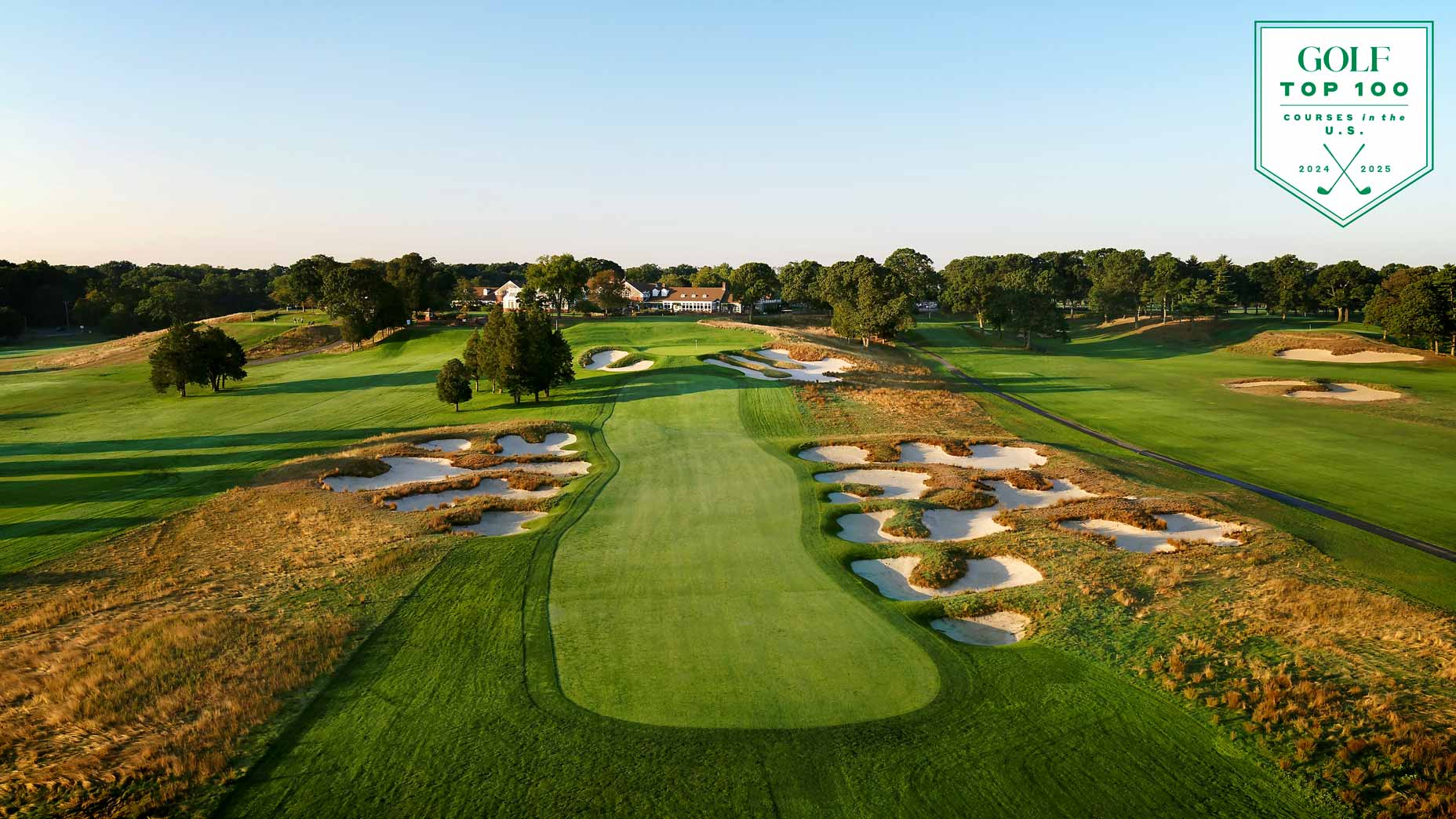 Aerial view of 18th hole at Bethpage Black Course in New York.